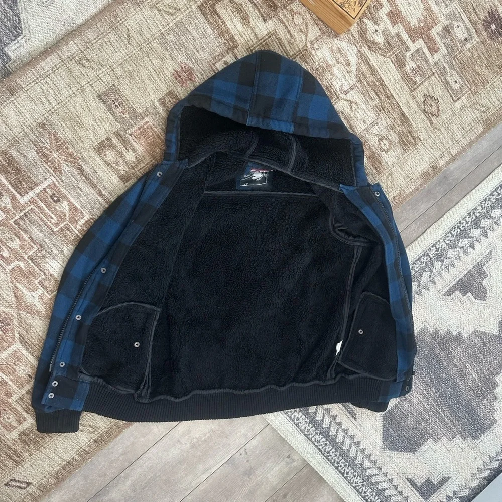 Vintage XDYE 90s Boys Blue Black Buffalo Plaid Hooded Zip Jacket Heavy Sz Small